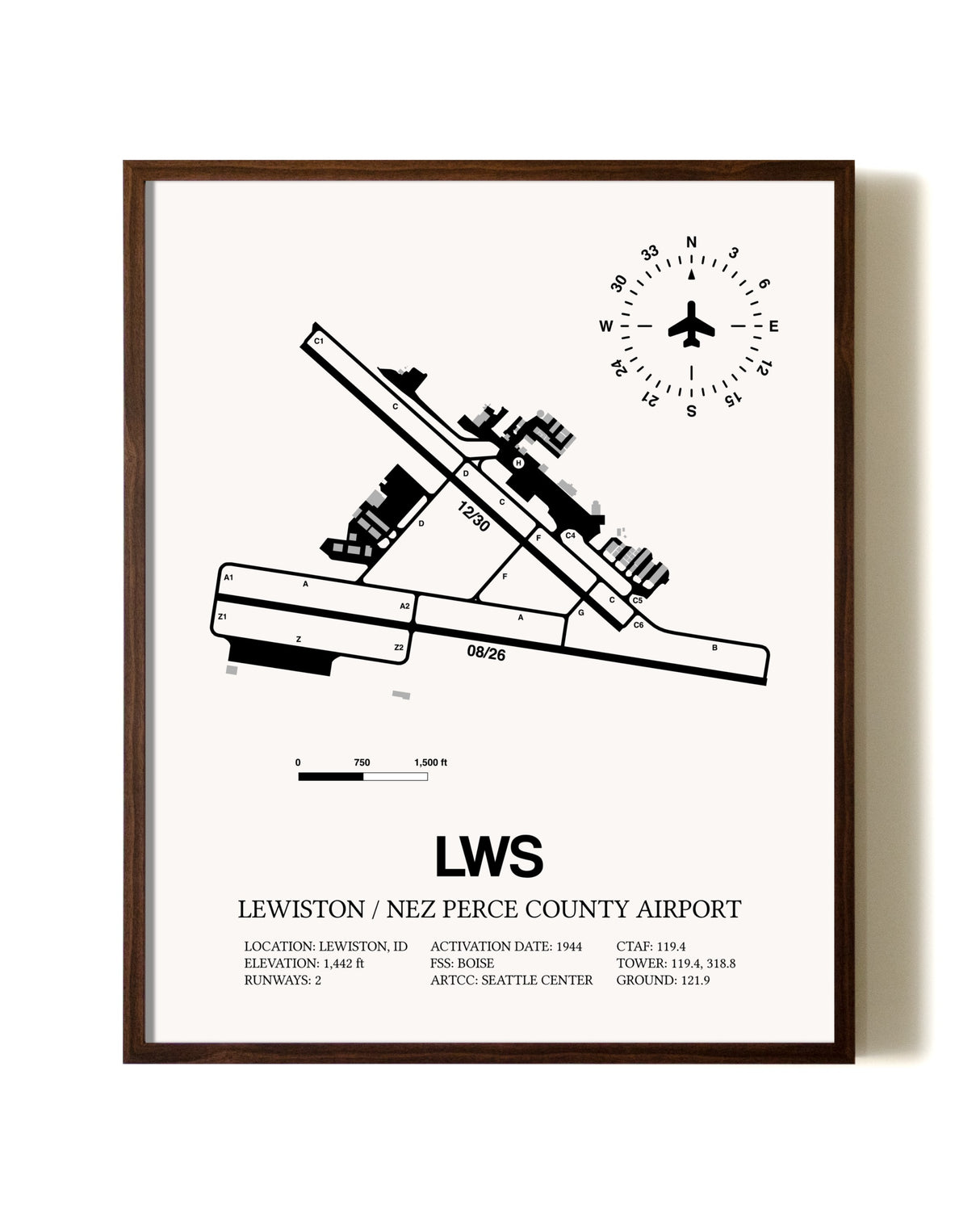 Lewiston / Nez Perce County Airport aviation print in walnut frame
