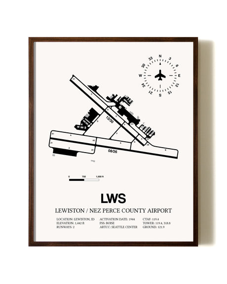 Lewiston / Nez Perce County Airport aviation print in walnut frame