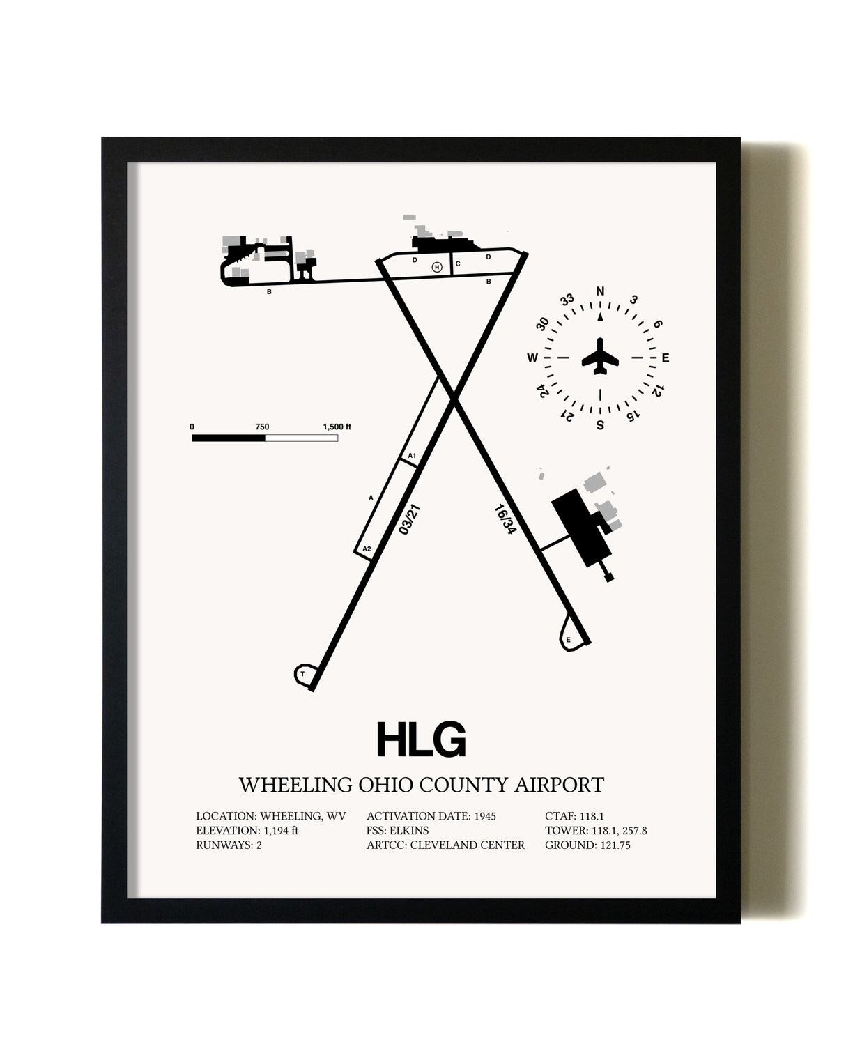 Framed Wheeling Ohio County Airport wall art poster in black frame