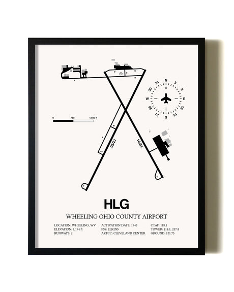 Framed Wheeling Ohio County Airport wall art poster in black frame