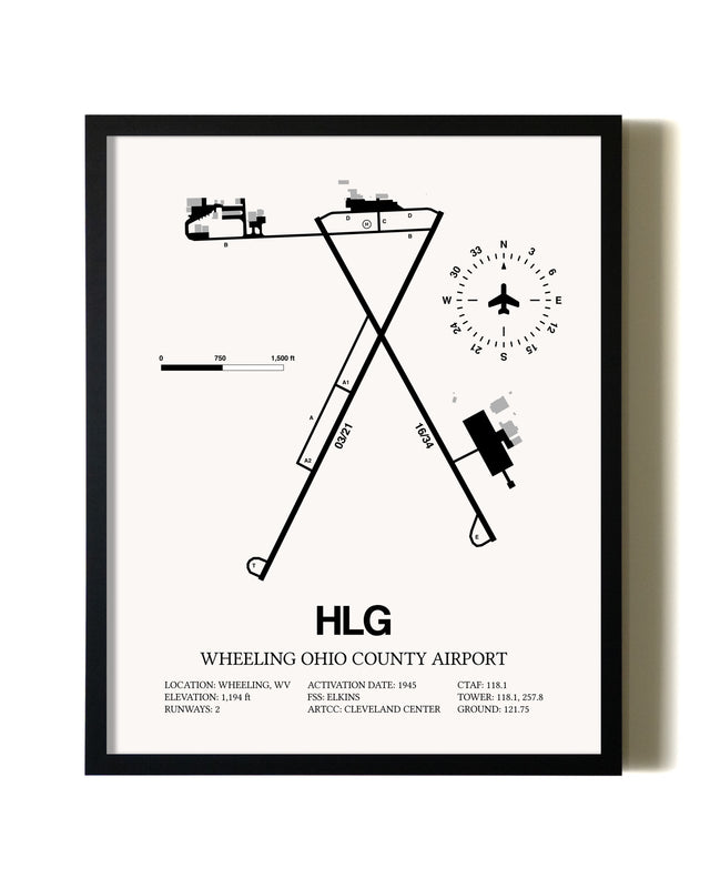 Framed Wheeling Ohio County Airport wall art poster in black frame