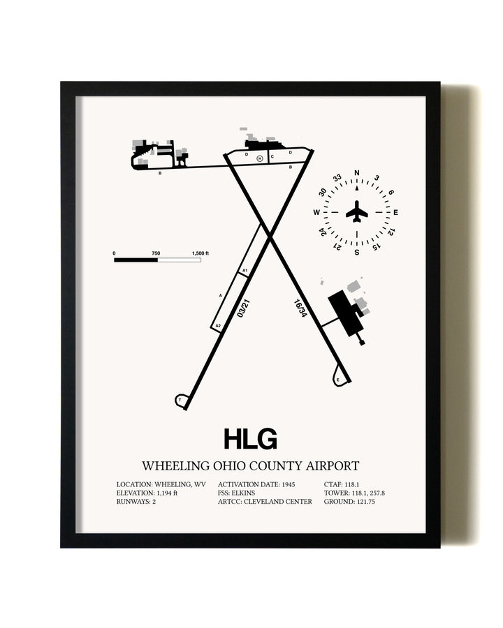 Framed Wheeling Ohio County Airport wall art poster in black frame