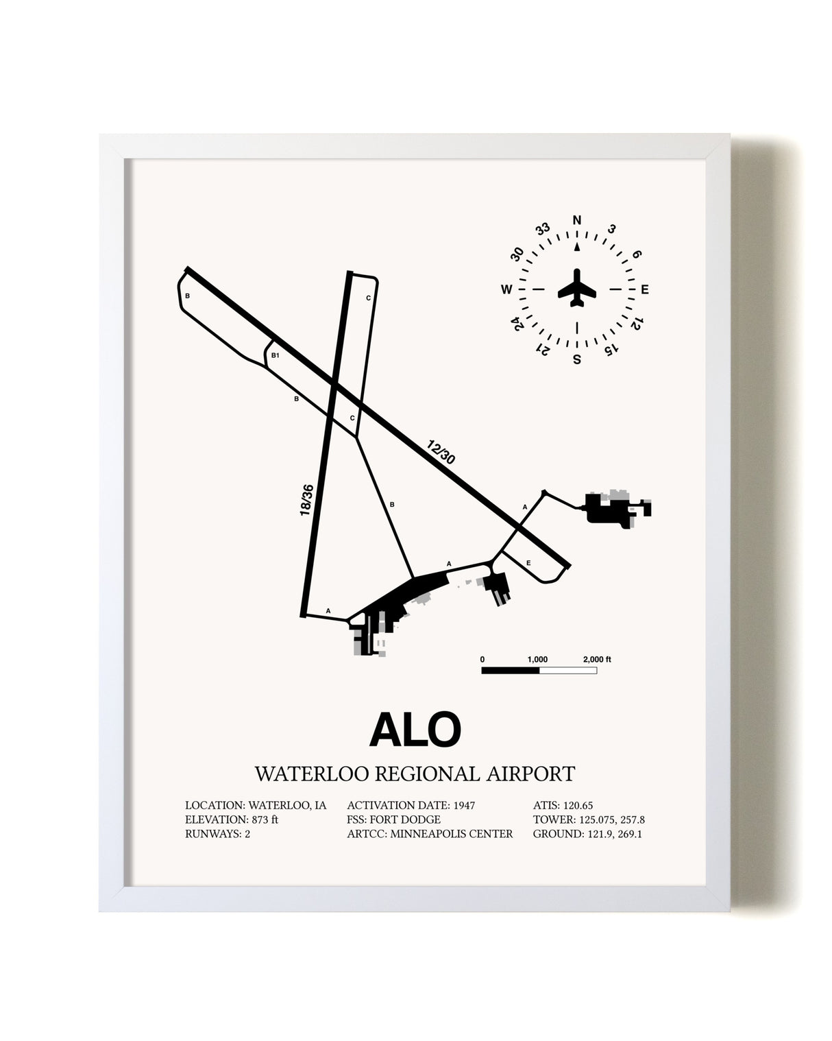 Waterloo Regional Airport airport map poster in oak frame