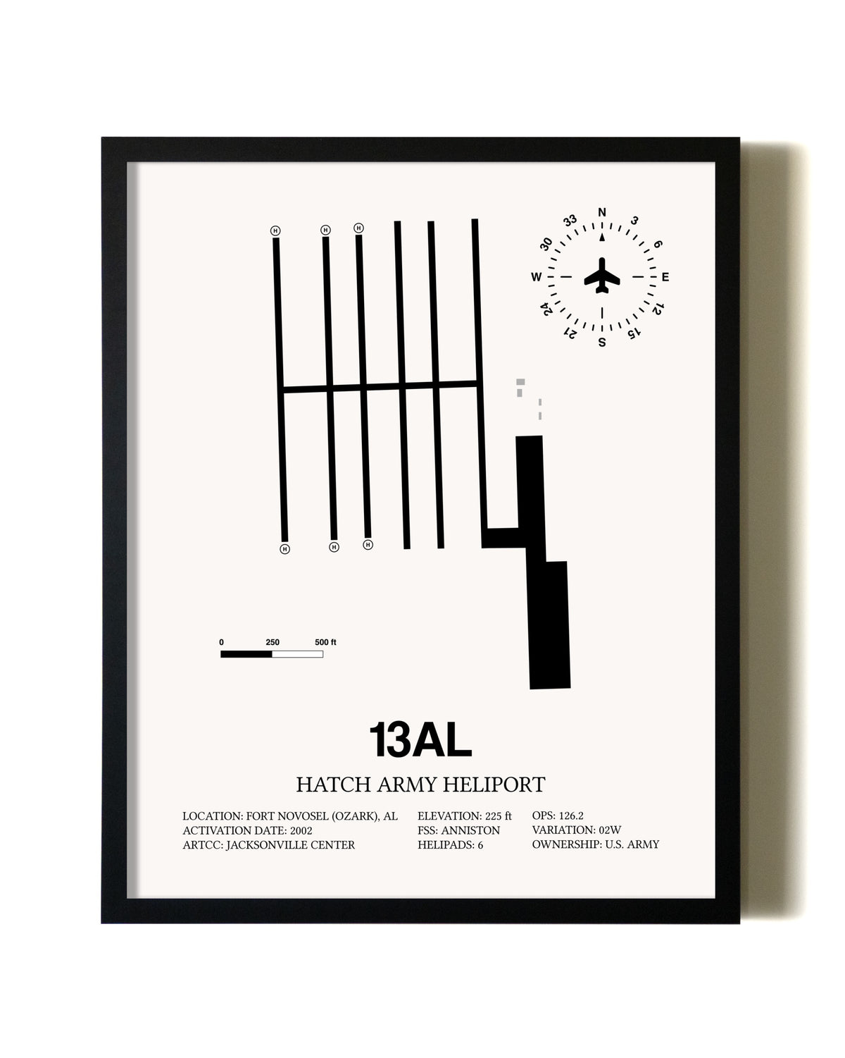 Framed Hatch Army Heliport wall art poster in black frame