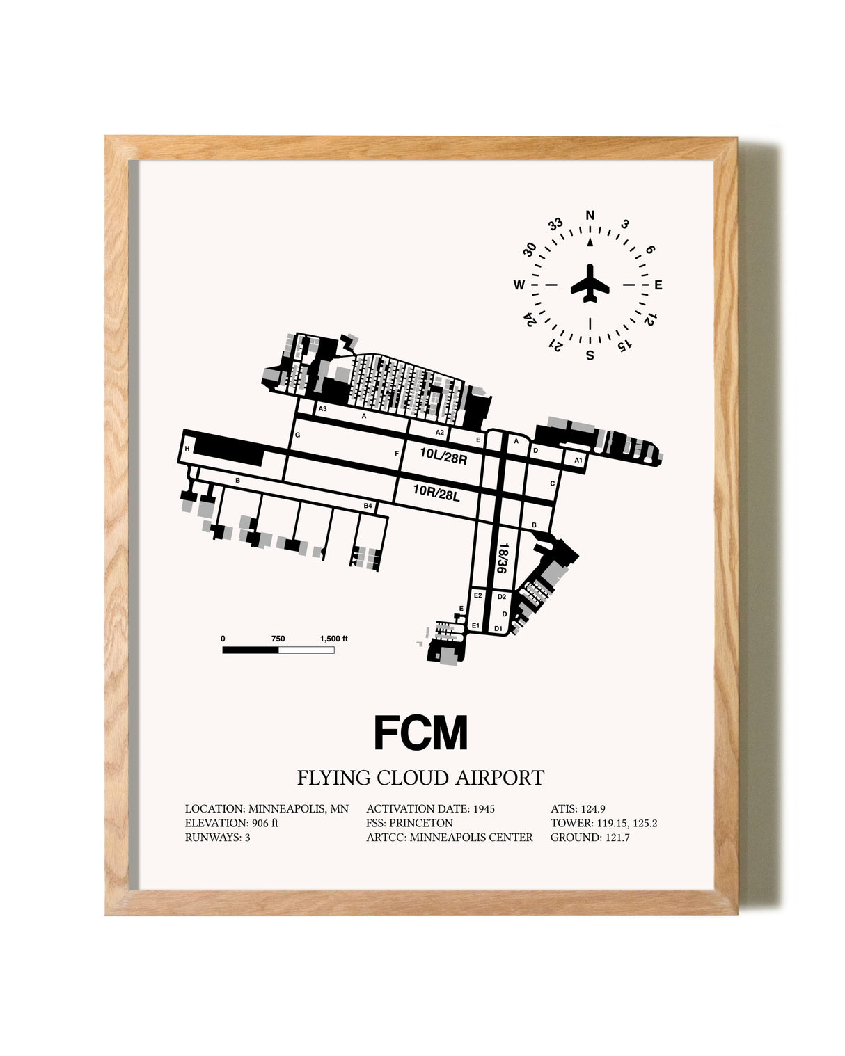 Flying Cloud Airport framed print in natural wood frame