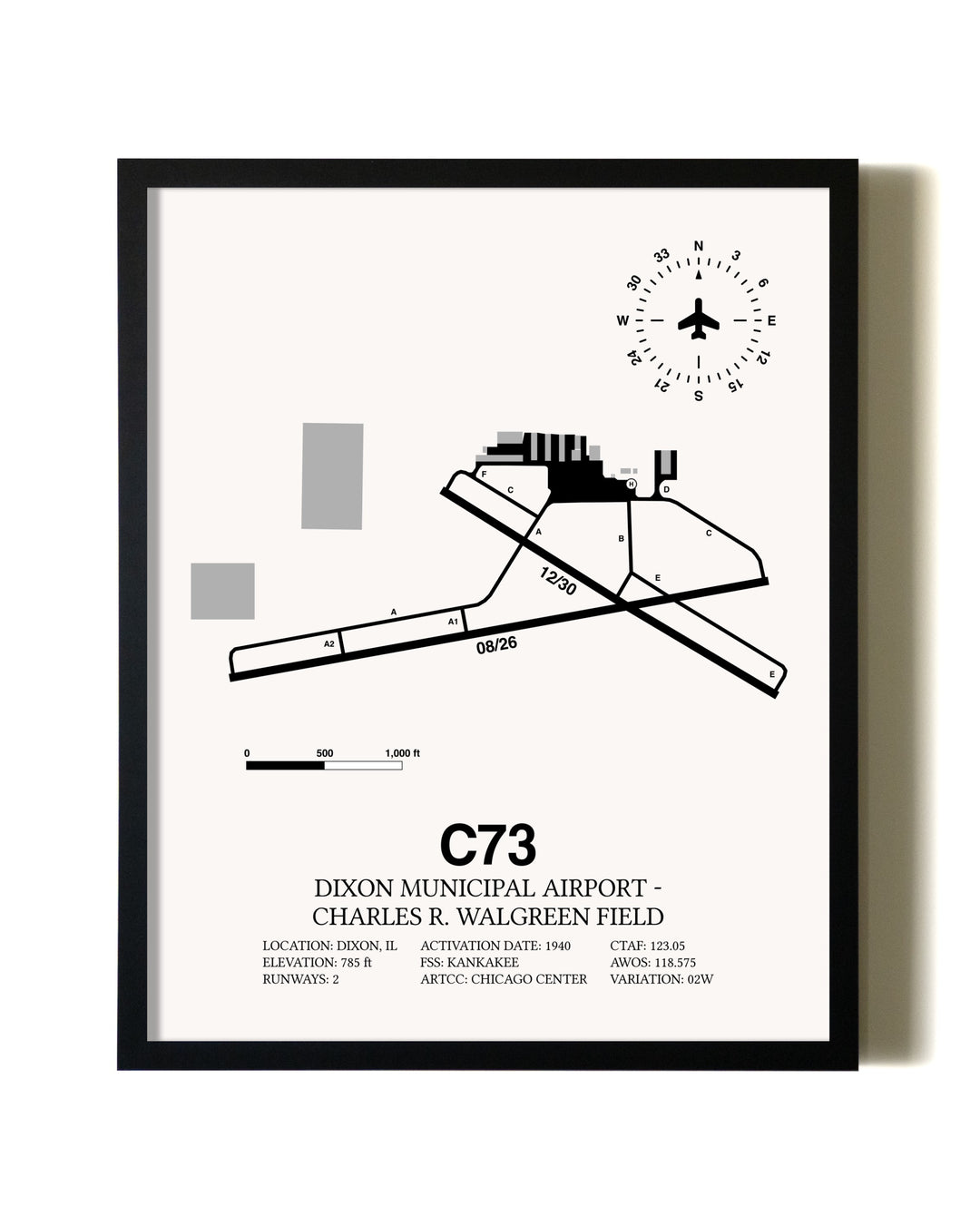 Framed Dixon Municipal Airport-Charles R. Walgreen Field wall art poster in black frame
