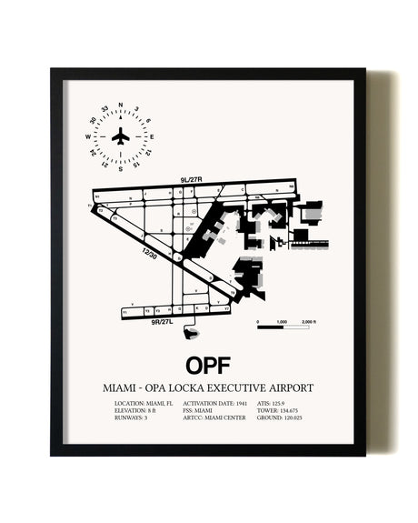 Framed Miami-Opa Locka Executive Airport wall art poster in black frame