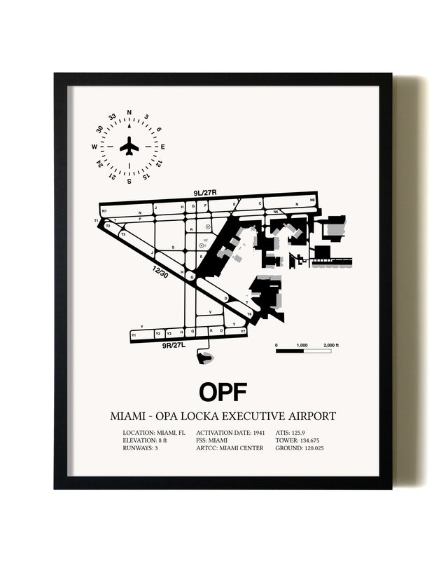 Framed Miami-Opa Locka Executive Airport wall art poster in black frame