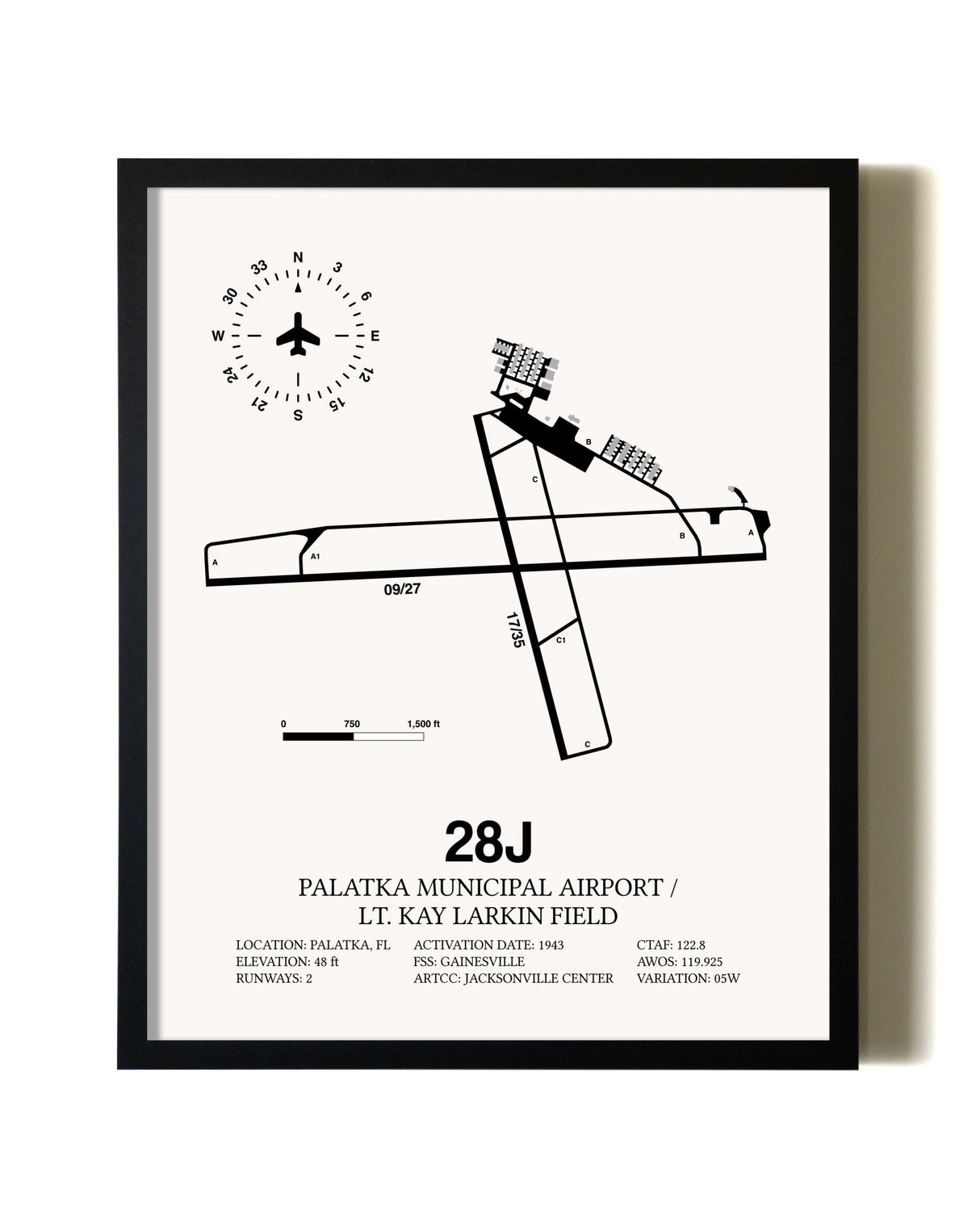Framed Palatka Municipal Airport / Lt. Kay Larkin Field wall art poster in black frame