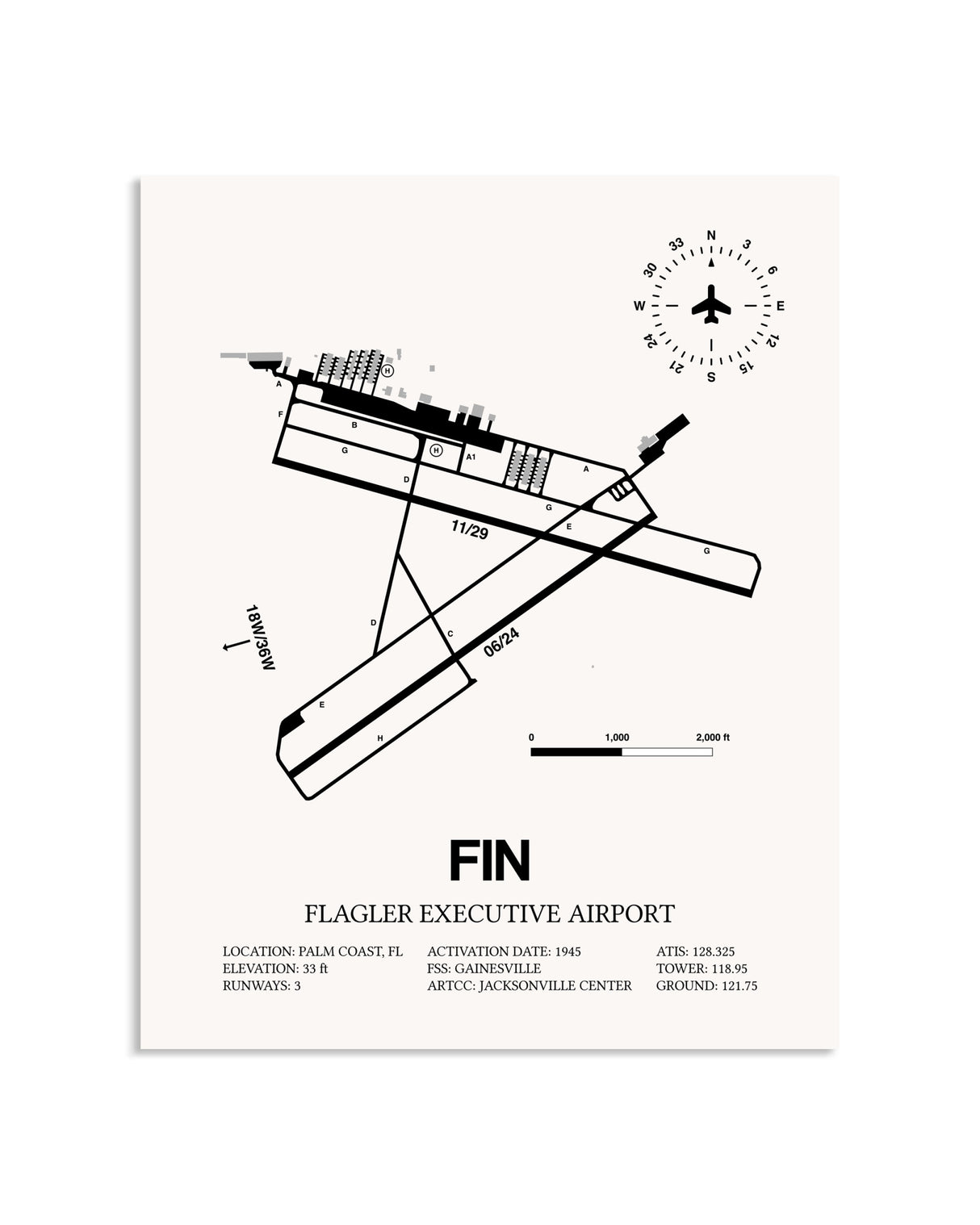 Gray Flagler Executive Airport framed poster displayed in an airplane hangar