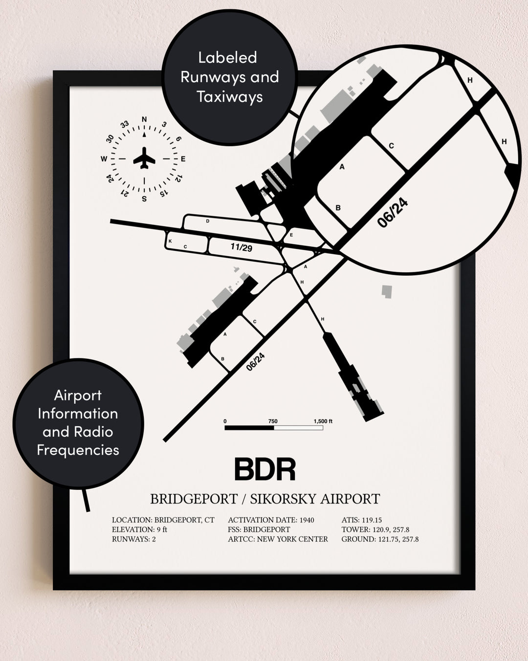 Framed Bridgeport / Sikorsky Airport layout wall art poster