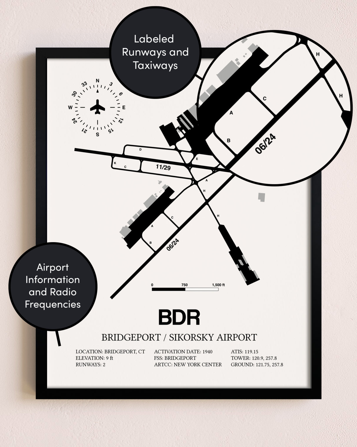 Framed Bridgeport / Sikorsky Airport layout wall art poster