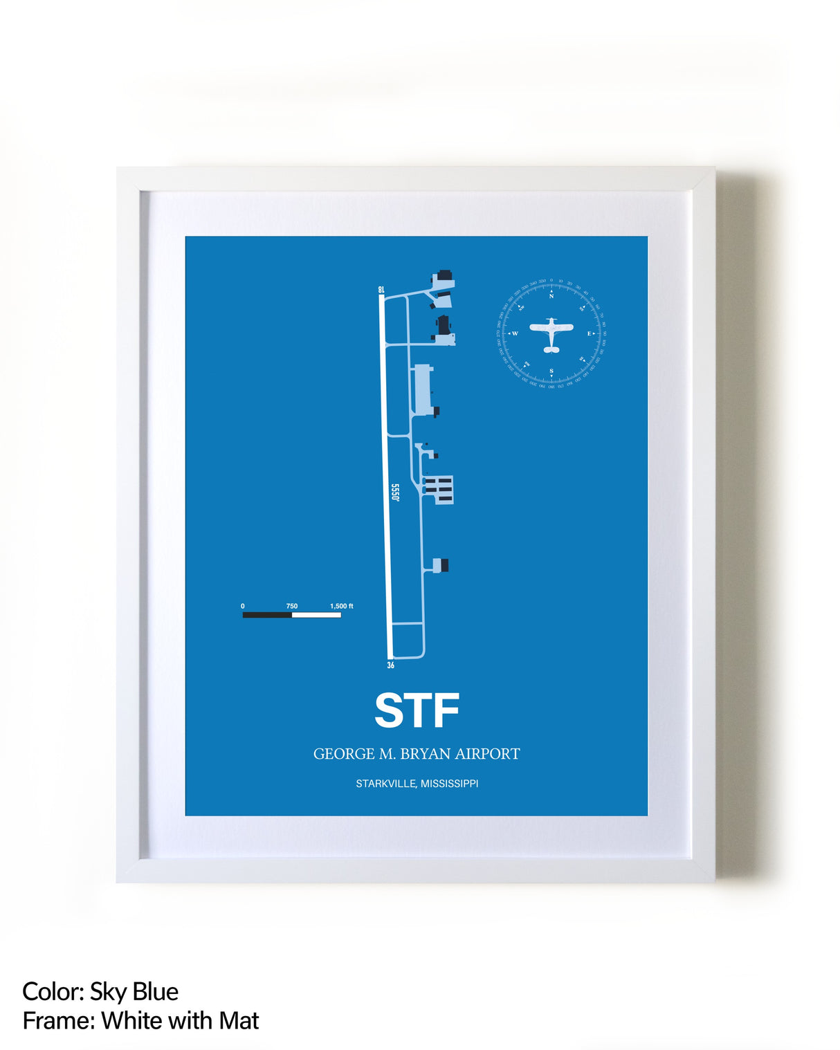 George M. Bryan Airport framed wall art in white frame with mat
