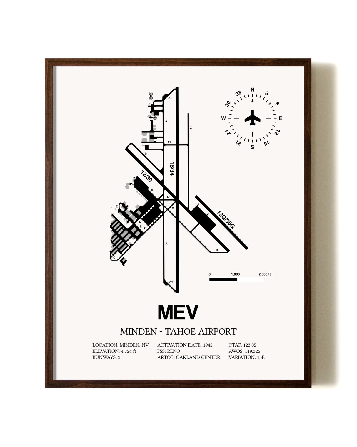 Minden-Tahoe Airport aviation print in walnut frame
