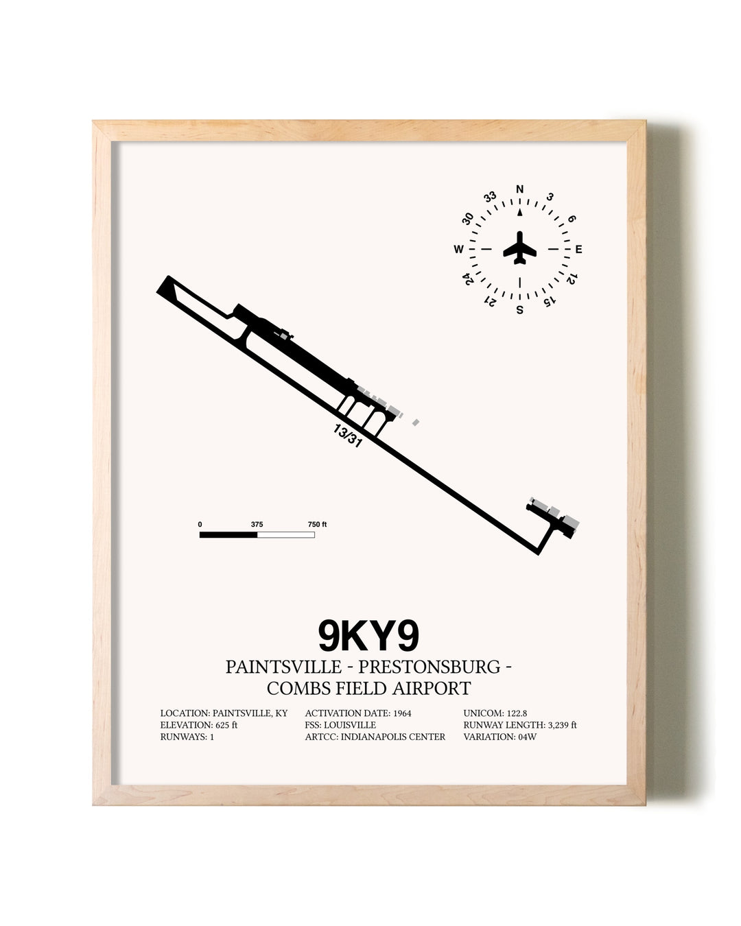 Paintsville-Prestonsburg - Combs Field Airport framed wall art in white frame