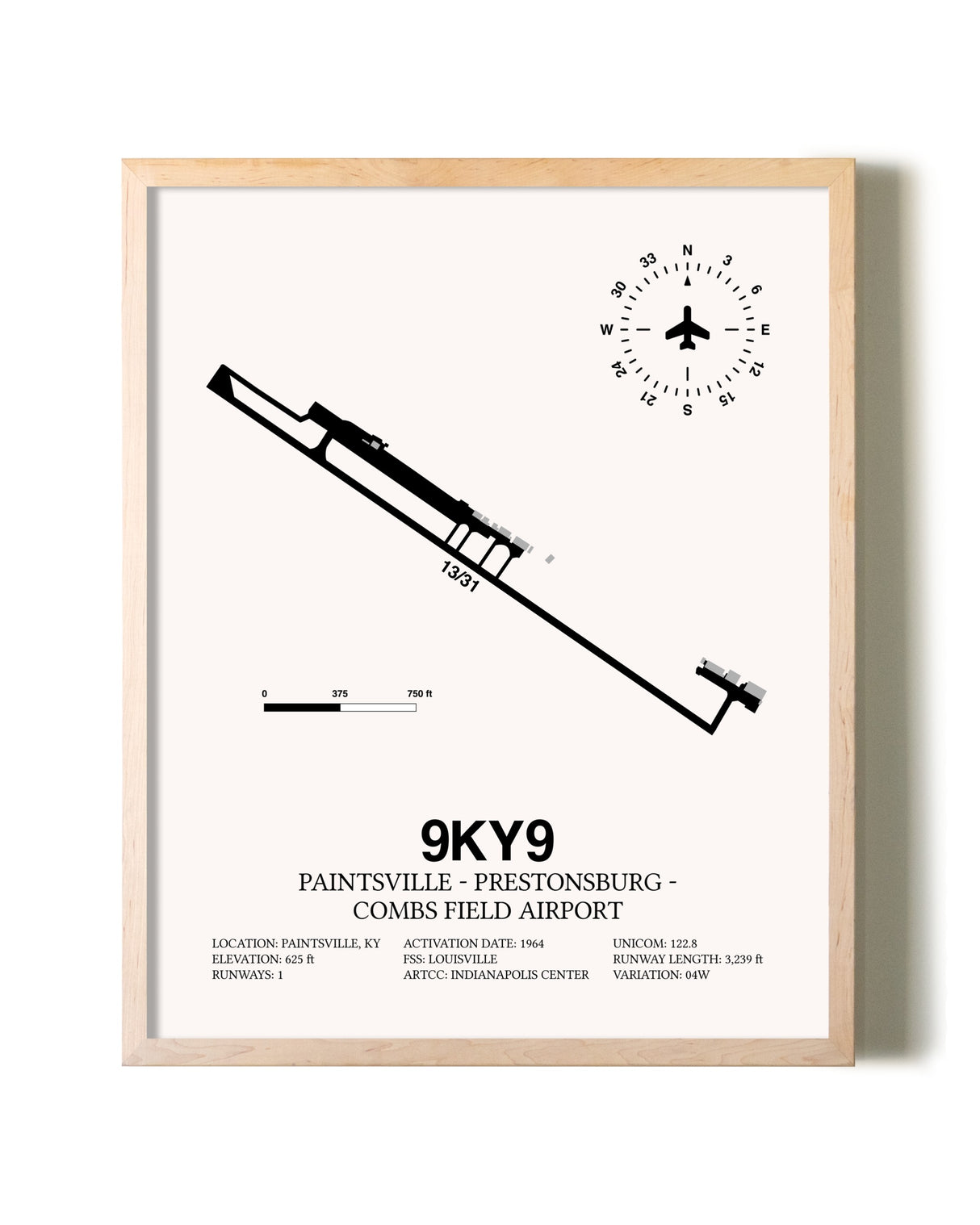 Paintsville-Prestonsburg - Combs Field Airport framed wall art in white frame