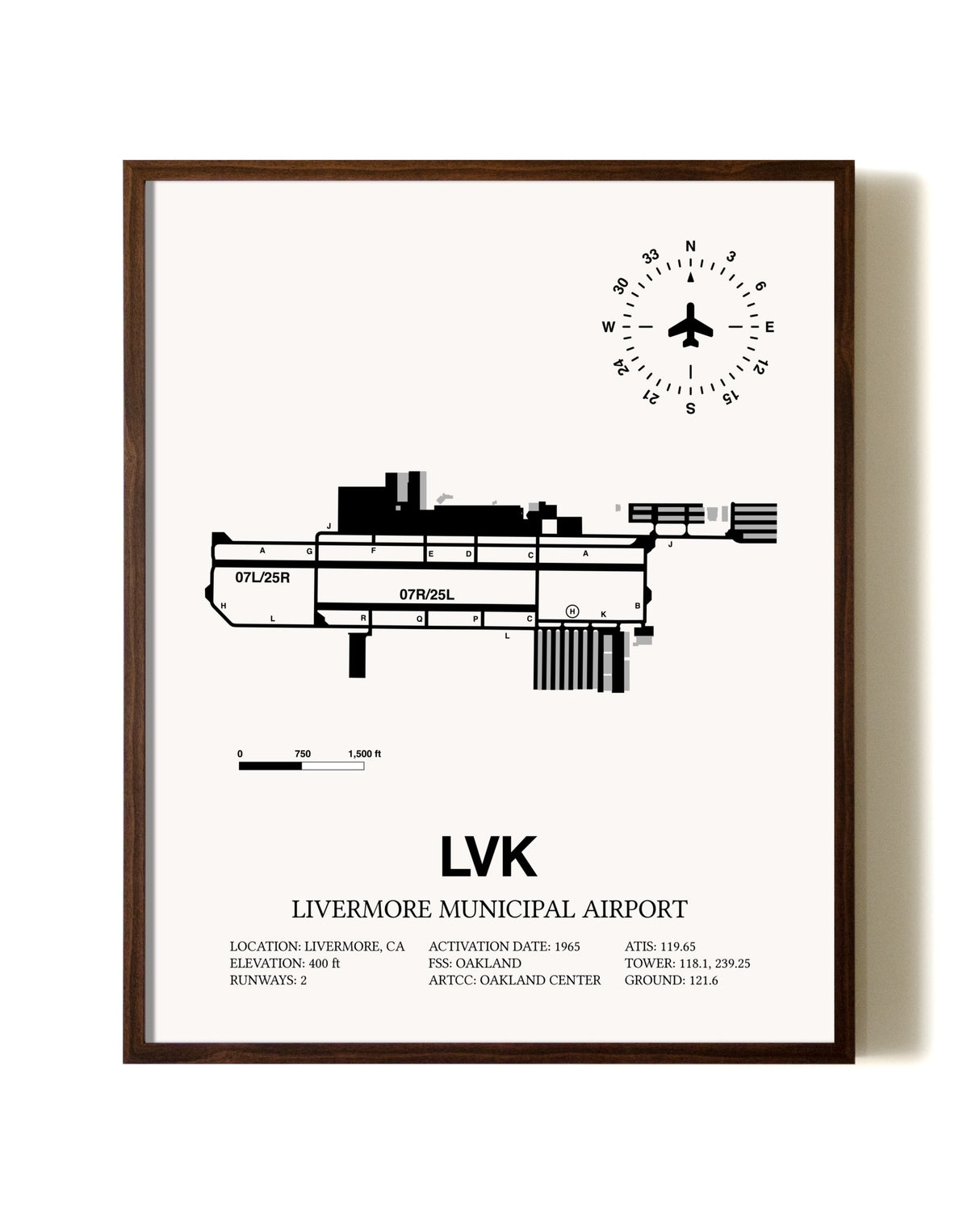 Livermore Municipal Airport aviation print in walnut frame