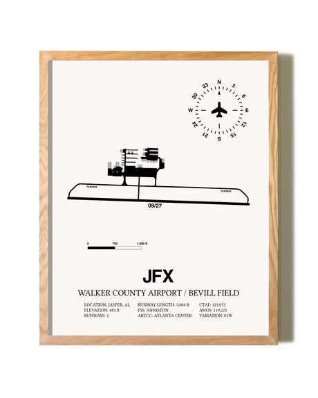 Walker County Airport / Bevill Field framed print in natural wood frame