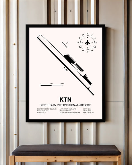 Ketchikan International Airport framed poster displayed in an airplane hangar
