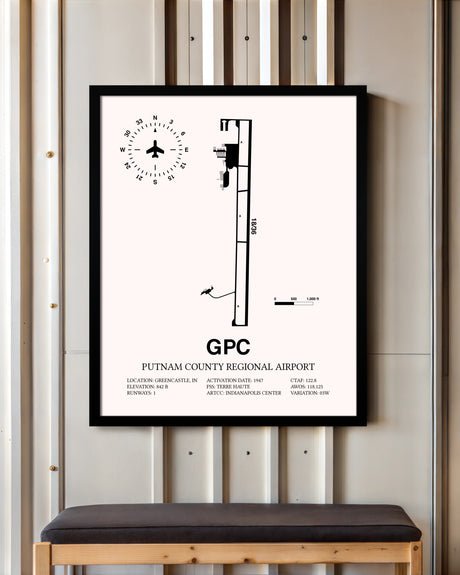 Putnam County Regional Airport framed poster displayed in an airplane hangar
