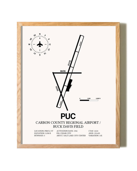 Carbon County Regional Airport / Buck Davis Field framed print in natural wood frame