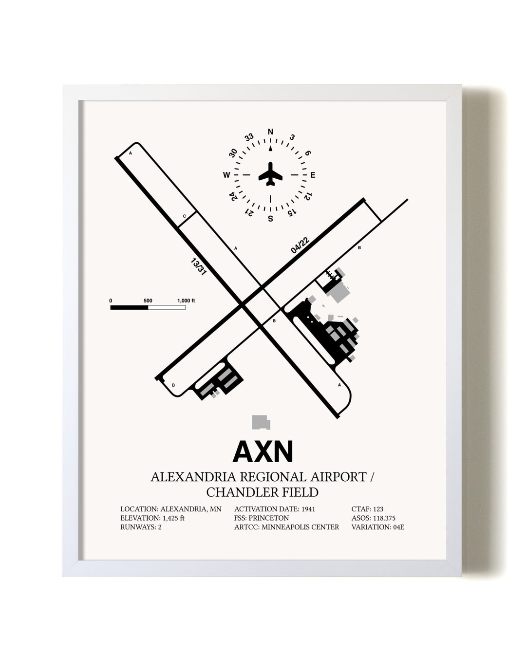 Alexandria Regional Airport / Chandler Field airport map poster in oak frame