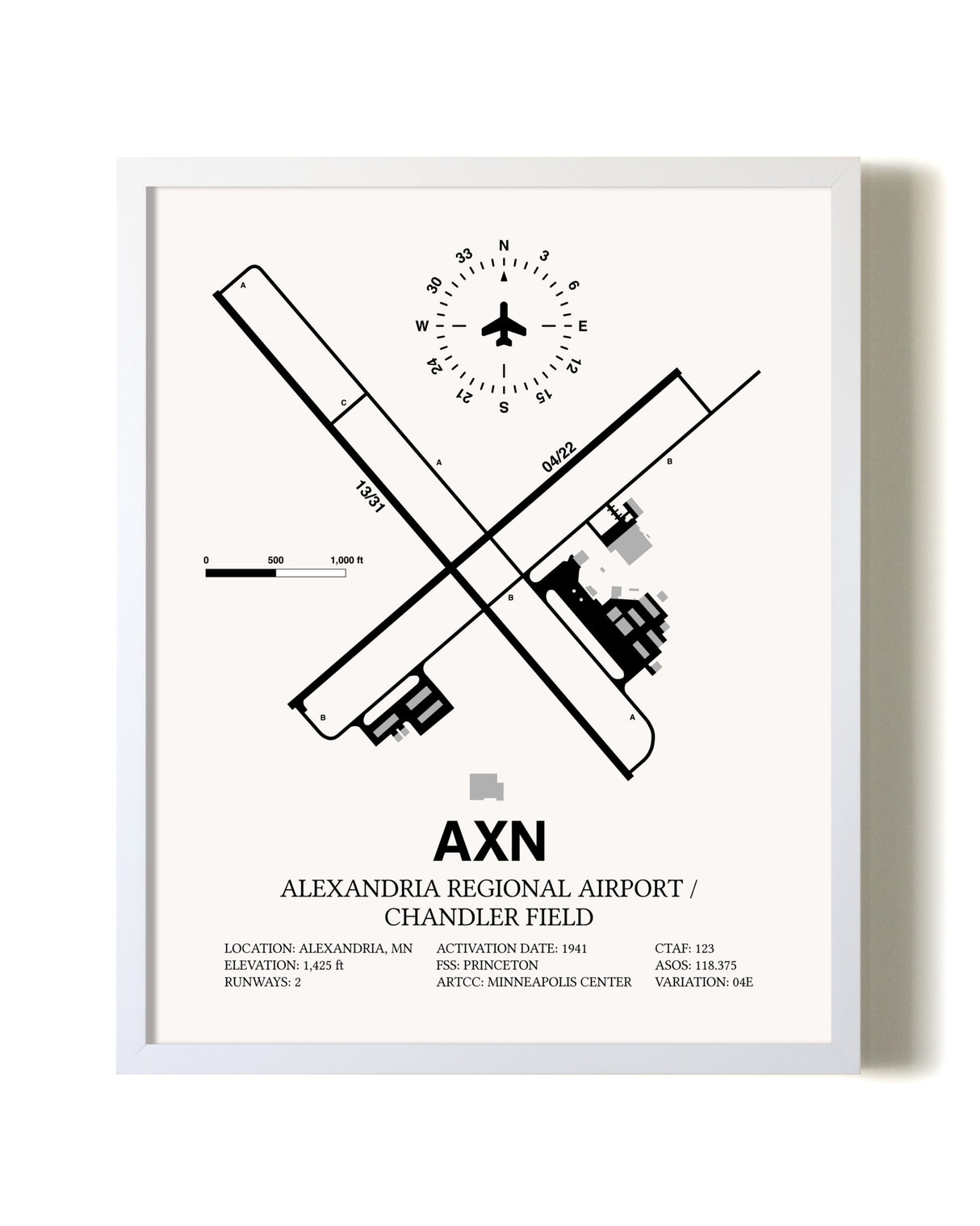 Alexandria Regional Airport / Chandler Field airport map poster in oak frame