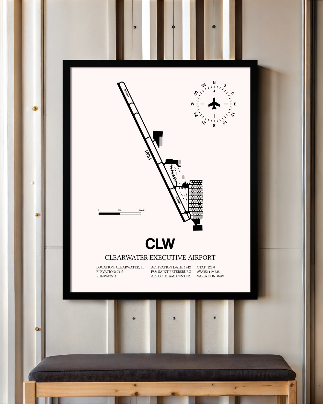 Clearwater Executive Airport framed poster displayed in an airplane hangar