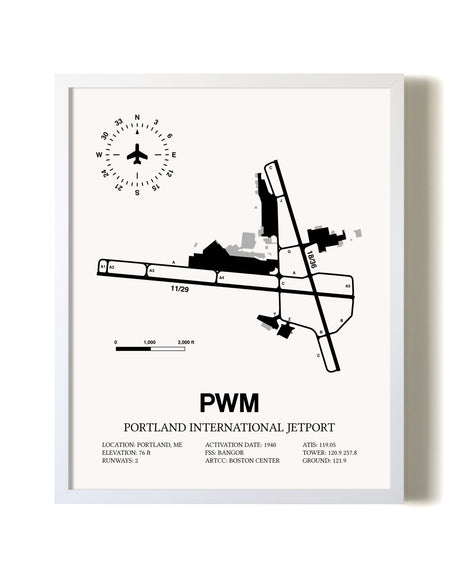 Portland International Jetport airport map poster in oak frame
