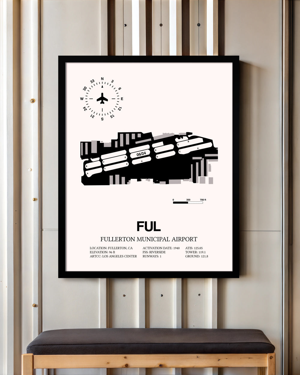 Fullerton Municipal Airport framed poster displayed in an airplane hangar