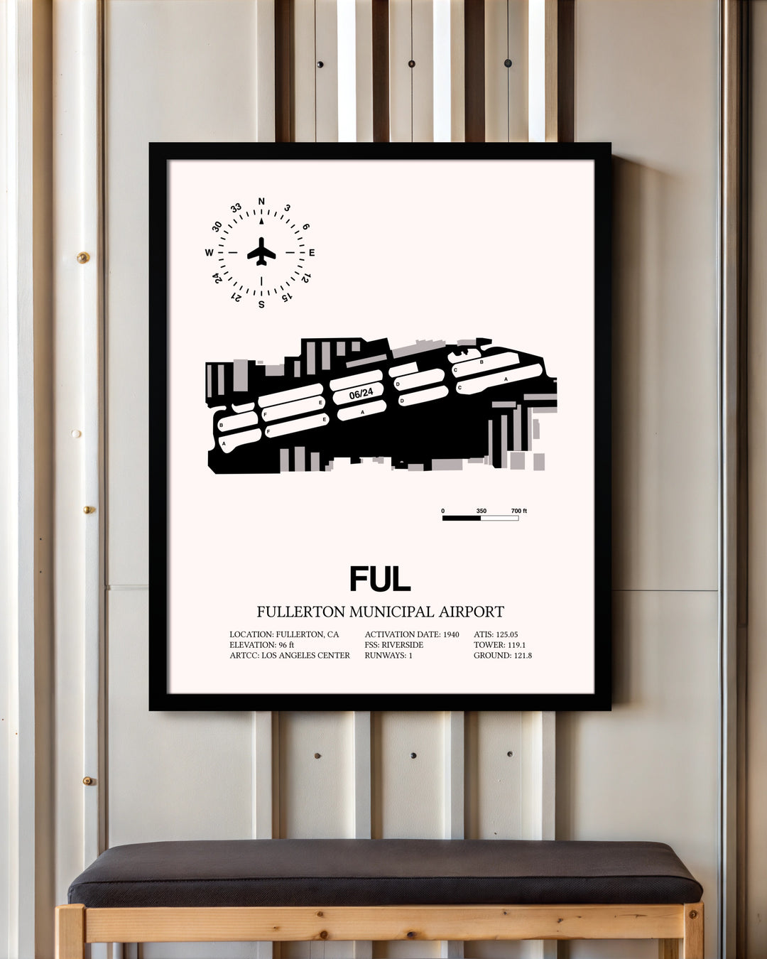 Fullerton Municipal Airport framed poster displayed in an airplane hangar