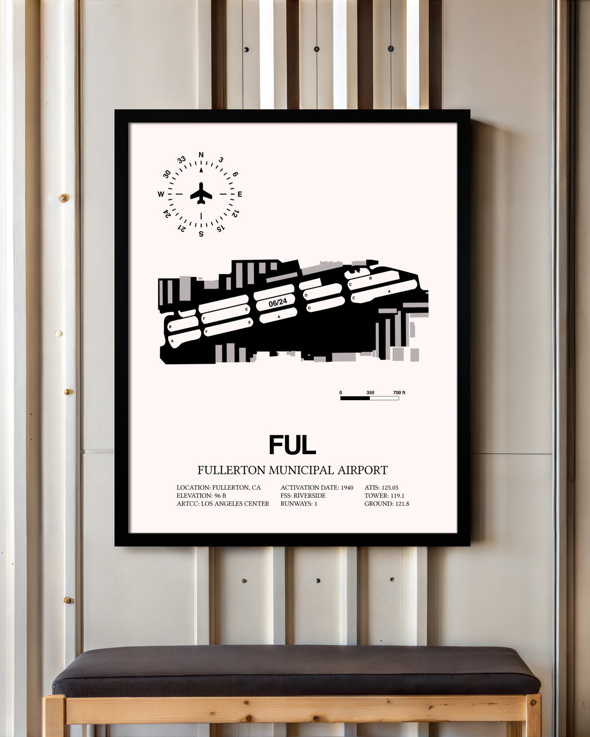 Fullerton Municipal Airport framed poster displayed in an airplane hangar
