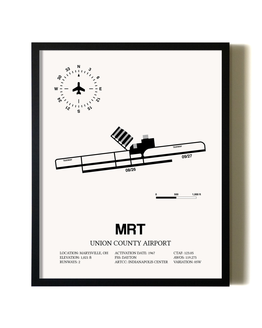 Framed Union County Airport wall art poster in black frame