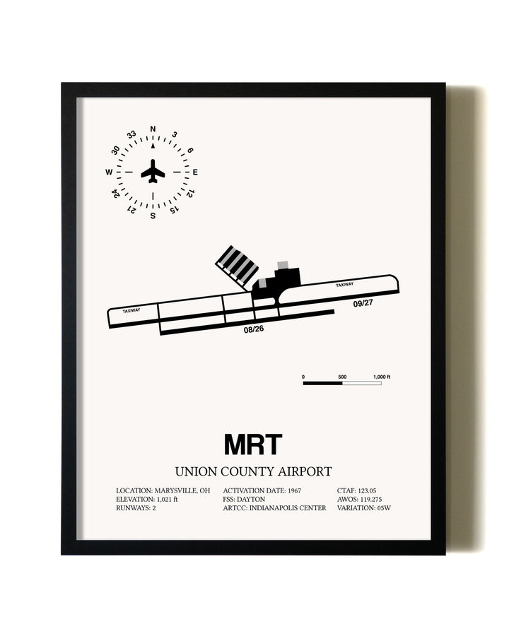 Framed Union County Airport wall art poster in black frame