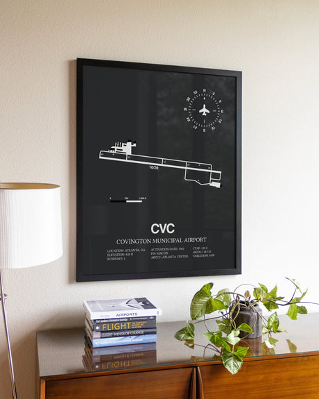 Gray Framed Covington Municipal Airport wall art poster in black frame