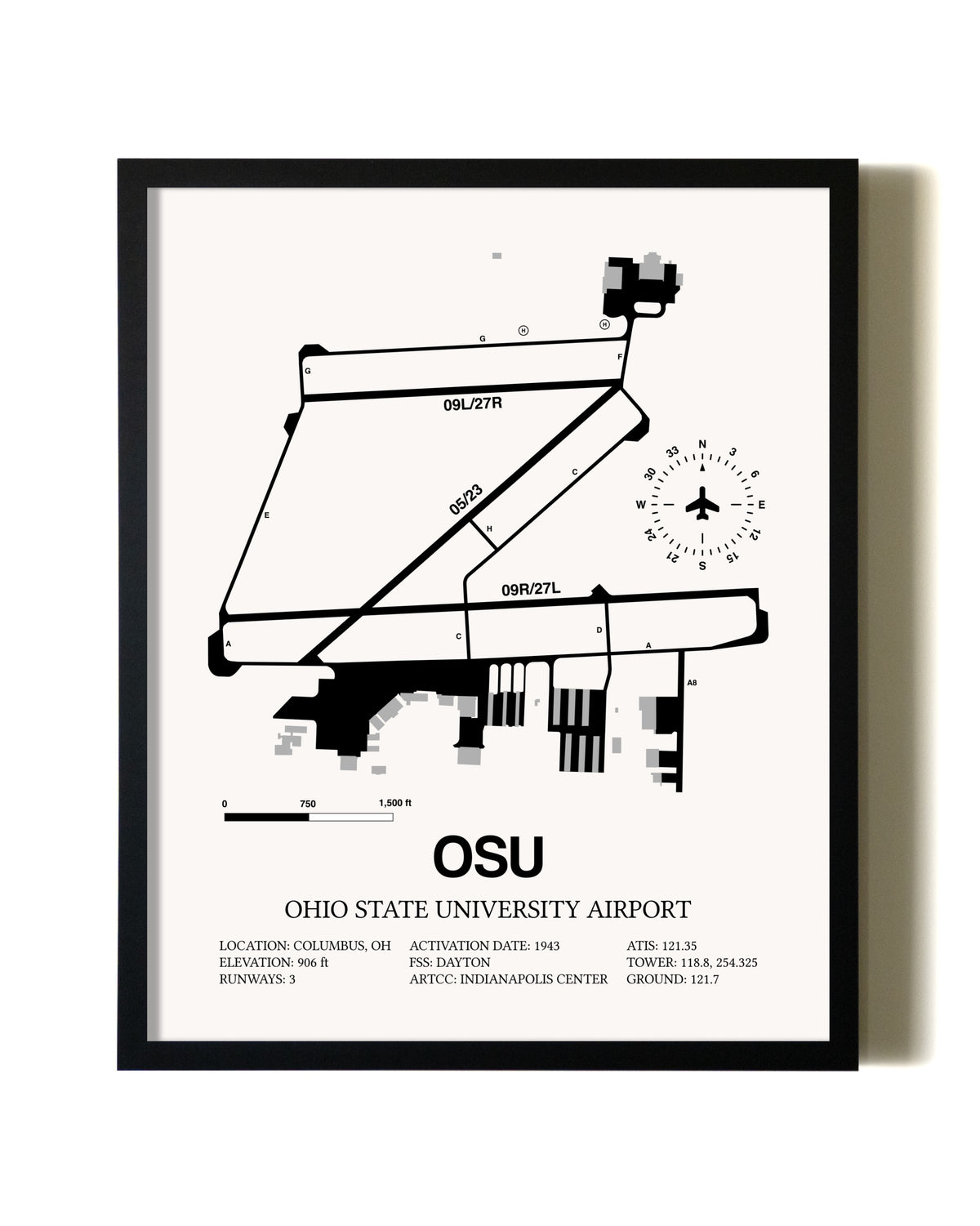 Framed Ohio State University Airport wall art poster in black frame