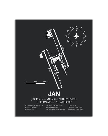 Gray Framed Jackson-Medgar Wiley Evers International Airport layout wall art poster