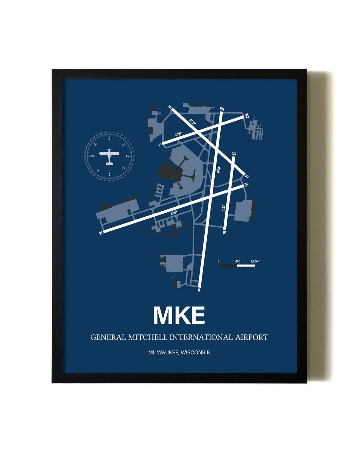 Aviation Blue Framed General Mitchell International Airport layout wall art poster