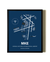 Aviation Blue Framed General Mitchell International Airport layout wall art poster