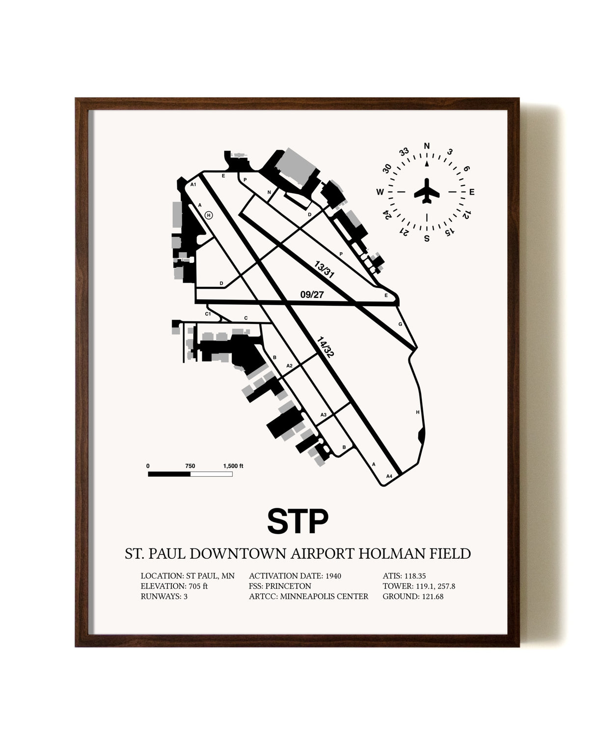 St. Paul Downtown Airport Holman Field aviation print in walnut frame