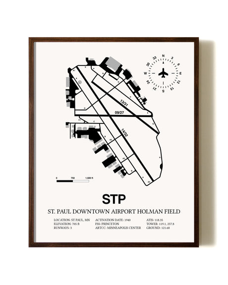 St. Paul Downtown Airport Holman Field aviation print in walnut frame