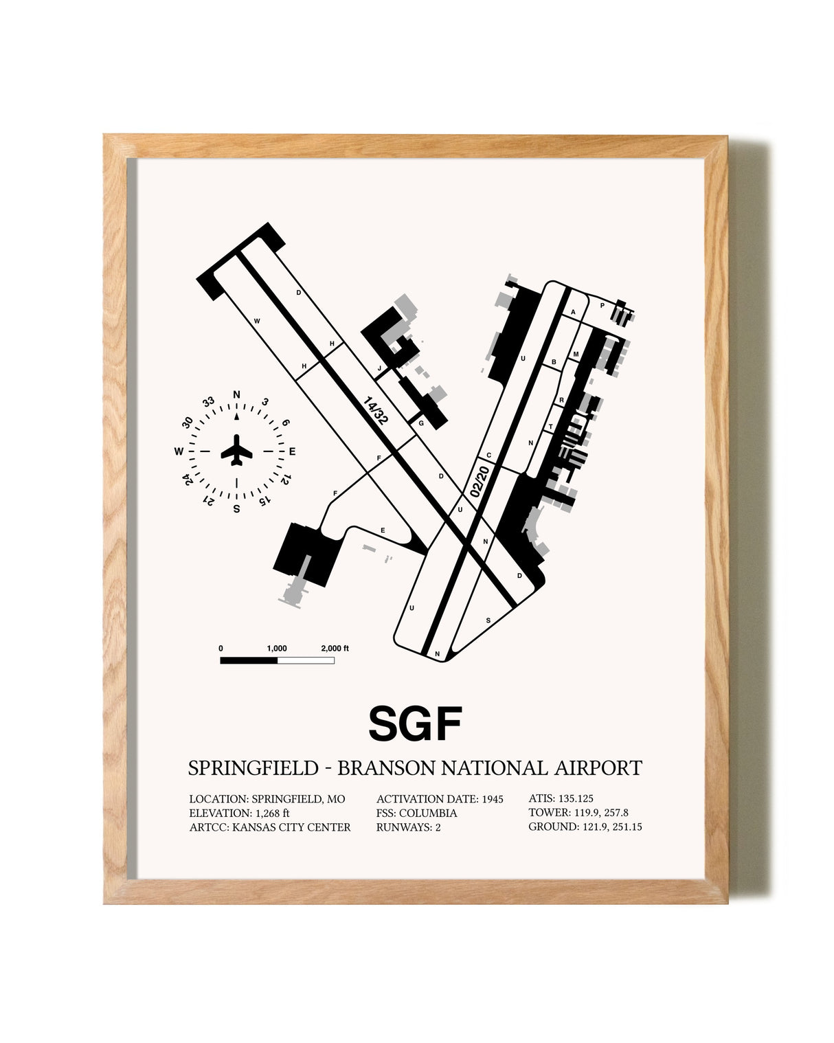 Springfield-Branson National Airport framed print in natural wood frame