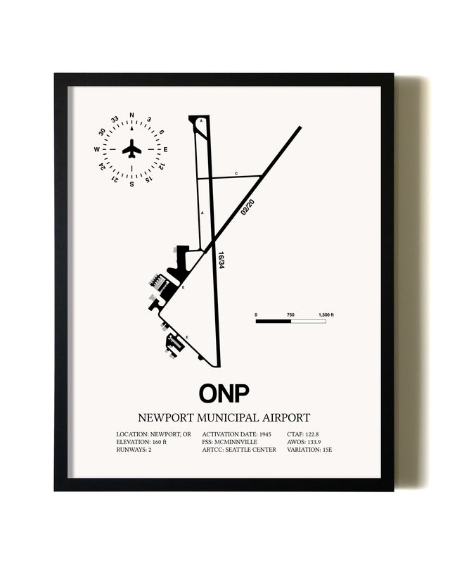 Framed Newport Municipal Airport wall art poster in black frame