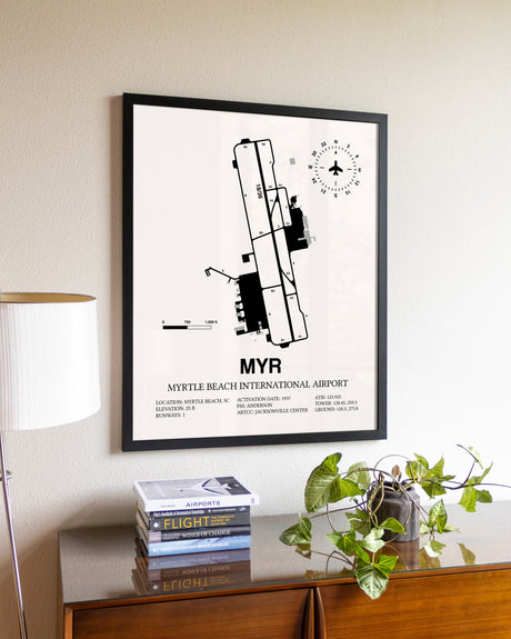 Myrtle Beach International Airport aviation wall décor in black wood frame