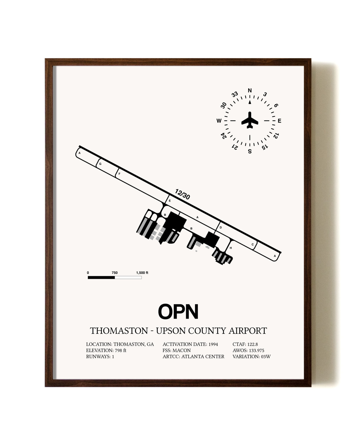 Thomaston-Upson County Airport aviation print in walnut frame