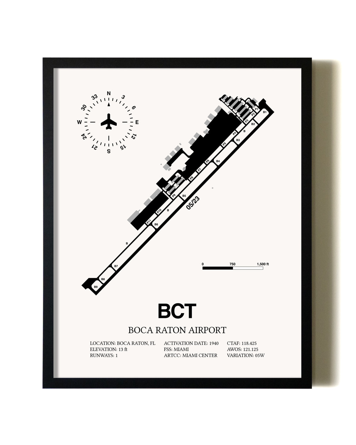 Framed Boca Raton Airport wall art poster in black frame