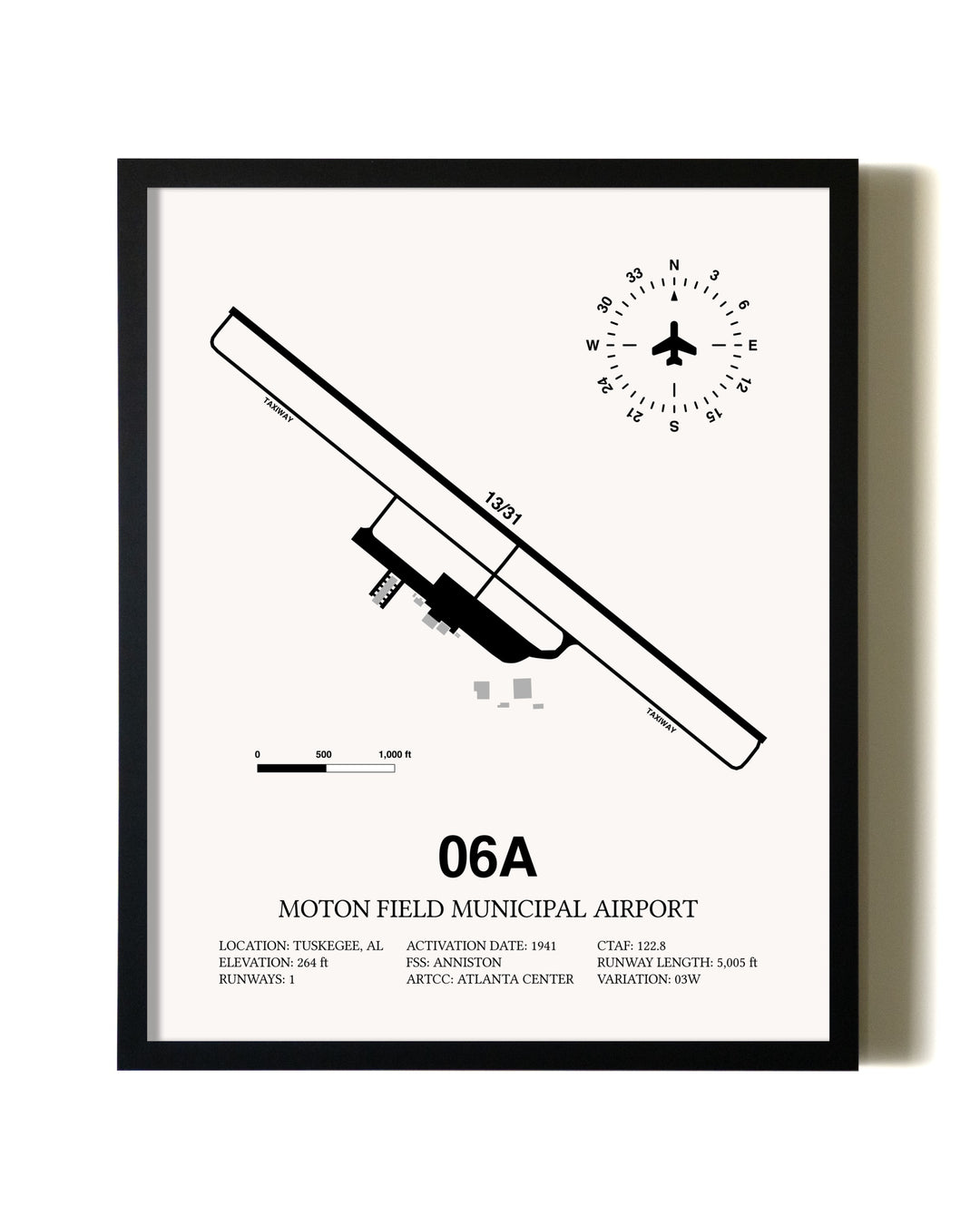 Framed Moton Field Municipal Airport wall art poster in black frame