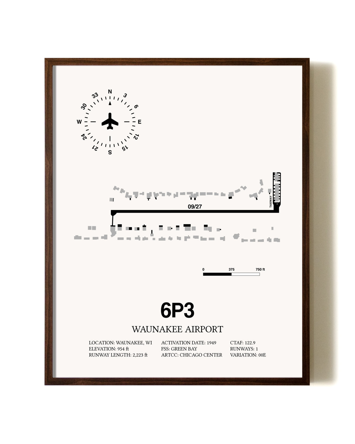 Waunakee Airport aviation print in walnut frame
