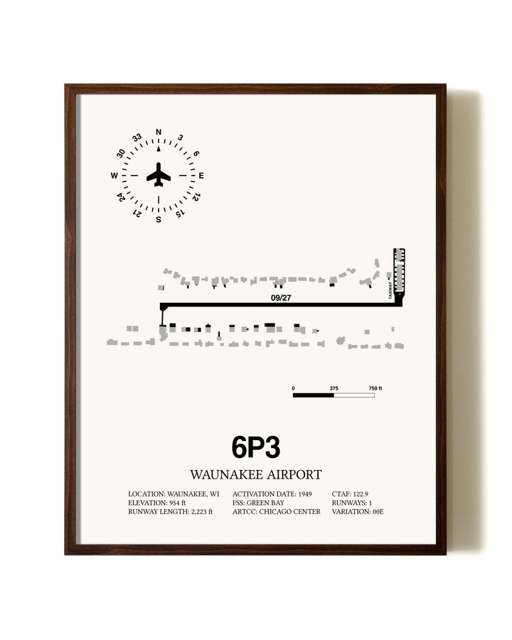 Waunakee Airport aviation print in walnut frame