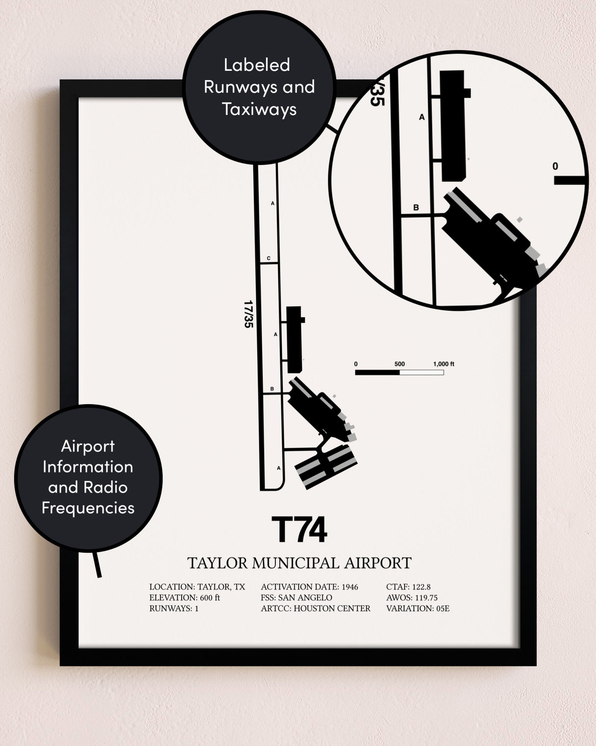 Framed Taylor Municipal Airport layout wall art poster